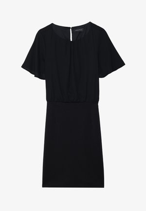 Musta mekko, jossa on lyhyet kellot hellat, pyöreä pääntie ja rypytetty vyötärö. Sileä kangas takana avautuvalla avauksella.