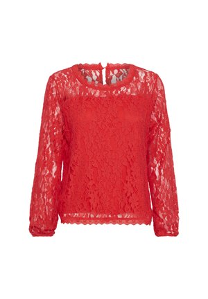 Top de encaje rojo de manga larga con cuello redondo, patrón floral y detalles de dobladillo festoneado. Tela ligera con un aspecto semitransparente.