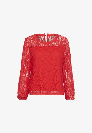 Červený čipkový top s dlhým rukávom, ktorý má okrúhly výstrih, kvetinový vzor a detaily so zúbkami na spodnom leme. Ľahký materiál s poloprůhľadným vzhľadom.