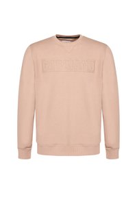 Felpa rosa chiaro in tessuto a trama, con scollo girocollo a costine e logo "GABBIANO" impresso sul petto.