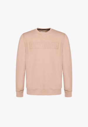 Světlounce růžová mikina z texturované látky s žebrovaným kulatým výstřihem a znakem "GABBIANO" vyraženým přes hrudník.