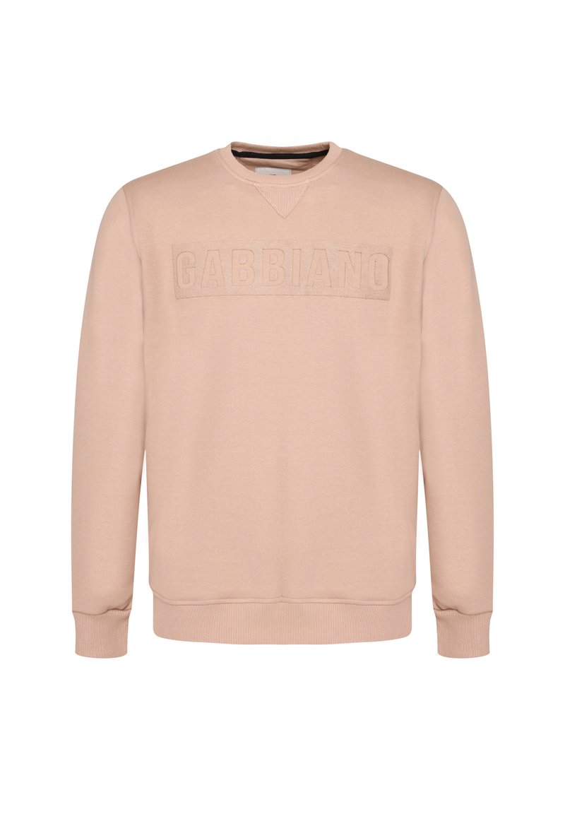 Felpa rosa chiaro in tessuto a trama, con scollo girocollo a costine e logo "GABBIANO" impresso sul petto.
