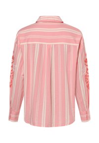 Pink striped long-sleeve shirt with a button-down collar. Features embroidered floral designs on the sleeves and a loose fit.