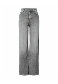 Pelēki plaši džinsi iz izbalējoša denima materiāla, ar augstu jostasvietu, priekšējām kabatām un taisnu griezumu līdz apakšmalai.
