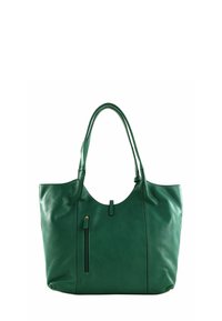 Sac cabas en cuir vert avec poignées doubles, sommet incurvé et poche zippée à l'avant. Caractéristiques d'une texture lisse et de subtils accents de couture.