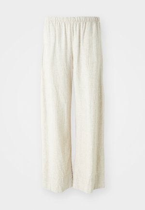 Pantalon large en lin de couleur écrue avec une taille élastique, présentant une texture respirante et des jambes droites.