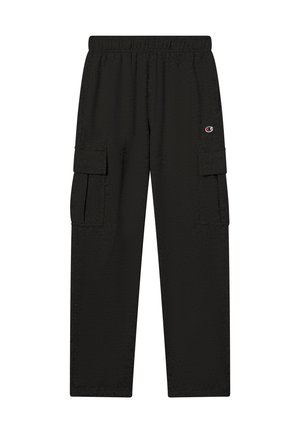 Pantaloni cargo neri in tessuto con finitura strutturata, caratterizzati da una vita elastica, due tasche laterali e dettaglio con logo.