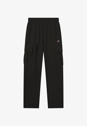 Pantaloni cargo neri in tessuto con finitura strutturata, caratterizzati da una vita elastica, due tasche laterali e dettaglio con logo.