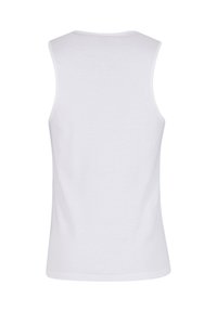 Weißes ärmelloses Tanktop aus weichem Baumwollmaterial. Es hat einen einfachen runden Ausschnitt und eine taillierte Silhouette mit glatter Textur.