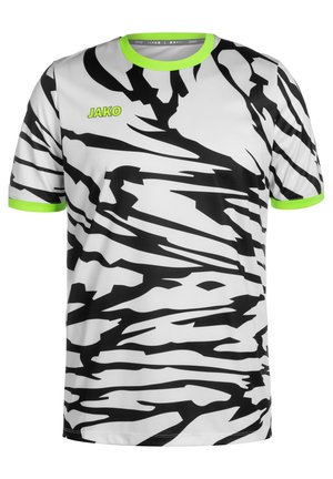 Witte sport T-shirt met zwart tijgerstrepenpatroon, voorzien van een neon groene kraag en mouwaccenten. Gemaakt van lichtgewicht materiaal.