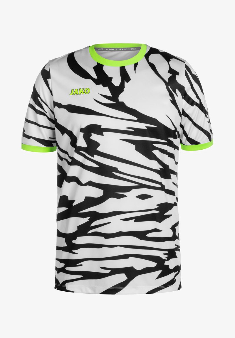 Witte sport T-shirt met zwart tijgerstrepenpatroon, voorzien van een neon groene kraag en mouwaccenten. Gemaakt van lichtgewicht materiaal.