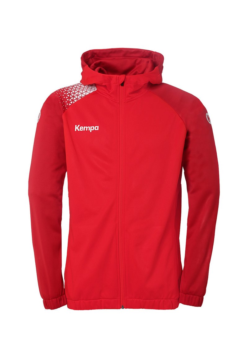Rode lichtgewicht jas met een capuchon, voorzien van een wit geometrisch patroon op de schouder en het "Kempa"-logo op de voorkant gedrukt.