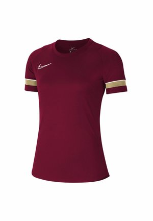 Maglietta sportiva Nike Dri-FIT a maniche corte color amaranto con collo tondo, logo swoosh bianco sul petto e striscia bicolore oro-bianca sulle maniche.