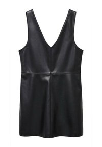 Schwarzes Lederkleid mit tiefem V-Ausschnitt, ärmellosem Design und figurbetontem Schnitt. Verfügt über einen geraden Schnitt sowie Nähte an der Vorder- und Rückseite.