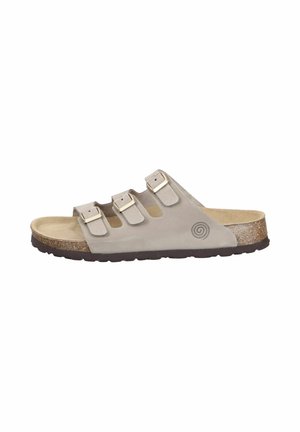 Beige offene Sandale mit drei verstellbaren Riemen mit Schnallen, Korkfußbett und schwarzer, strukturierter Sohle, Seitenansicht.