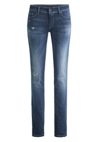 Jean en denim skinny-fit bleu foncé avec des décolorations claires et des patchs déchirés. Dispose de cinq poches et d'un zip avec un bouton de fermeture.