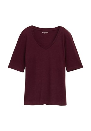 Bordeaux v-hals t-shirt met korte mouwen, gemaakt van zachte stof. Eenvoudig ontwerp, geen patronen of versieringen, rechte zoom.