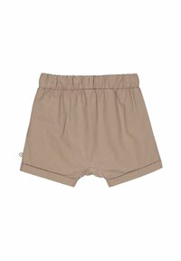 Pantaloni corto marroni chiari con vita elasticizzata, gambe corte e una texture liscia. Presenta un orlo piegato e un piccolo etichetta del marchio sul lato.