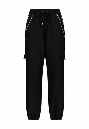 Pantaloni jogger neri realizzati in tessuto morbido, con vita regolabile tramite stringa, tasche laterali con dettagli bianchi e polsini elastici alle caviglie.