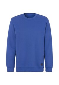 Sweat-shirt bleu avec un col ras du cou, des manches longues, et des poignets et un ourlet côtelés. Comprend une petite étiquette noire en bas à gauche. Texture douce.