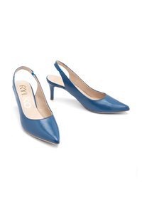 Sininen nahkainen slingback-korkokenkä, jossa on terävä kärki ja 2,5 tuuman stiletto-korko. Sileä pinta, jossa on vaaleanbeige pohjallinen. Merkkilogo sisäpuolella.