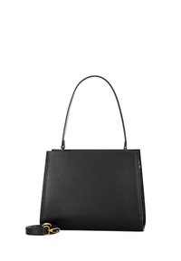 Schwarze Handtasche mit strukturiertem Lederfinish, rechteckiger Form und einem einzelnen Schulterriemen. Verfügt über goldene Beschläge und einen verstellbaren Riemen.