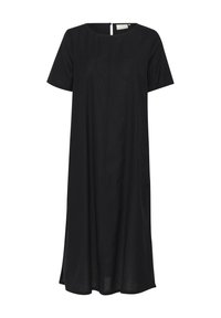 Schwarzes Kurzarmkleid in lockerer A-Linie. Mit rundem Ausschnitt und einem Reißverschluss auf der Mitte hinten. Hergestellt aus weichem, leichtem Stoff.
