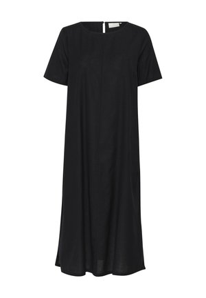 Melna īsām piedurknēm kleita vaļīgā A-līnijas formā. Ar apaļu dekoltē un aizmugurē esošu rāvējslēdzēju. Izgatavota no mīksta, viegla auduma.