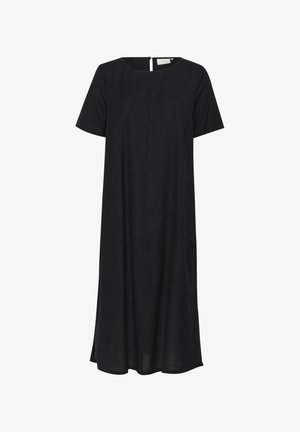 Schwarzes Kurzarmkleid in lockerer A-Linie. Mit rundem Ausschnitt und einem Reißverschluss auf der Mitte hinten. Hergestellt aus weichem, leichtem Stoff.