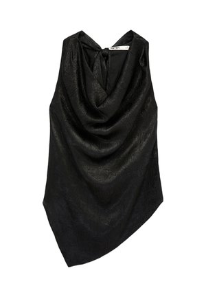 Sort ærmeløs tekstureret top med draperet halsudskæring og lille sløjfe bag på halsudskæringen.