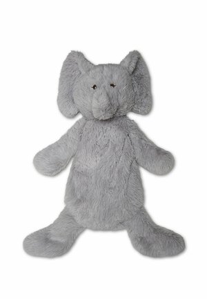 Jouet éléphant en peluche douce grise avec de grandes oreilles, une trompe et des bras et jambes flasques allongé à plat sur un fond blanc.