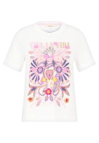 Weißes Baumwoll-T-Shirt mit einem bunten Blumenmuster und dem Text "Viva La Vida." Akzente sind in Pink, Gelb und Lila gehalten.