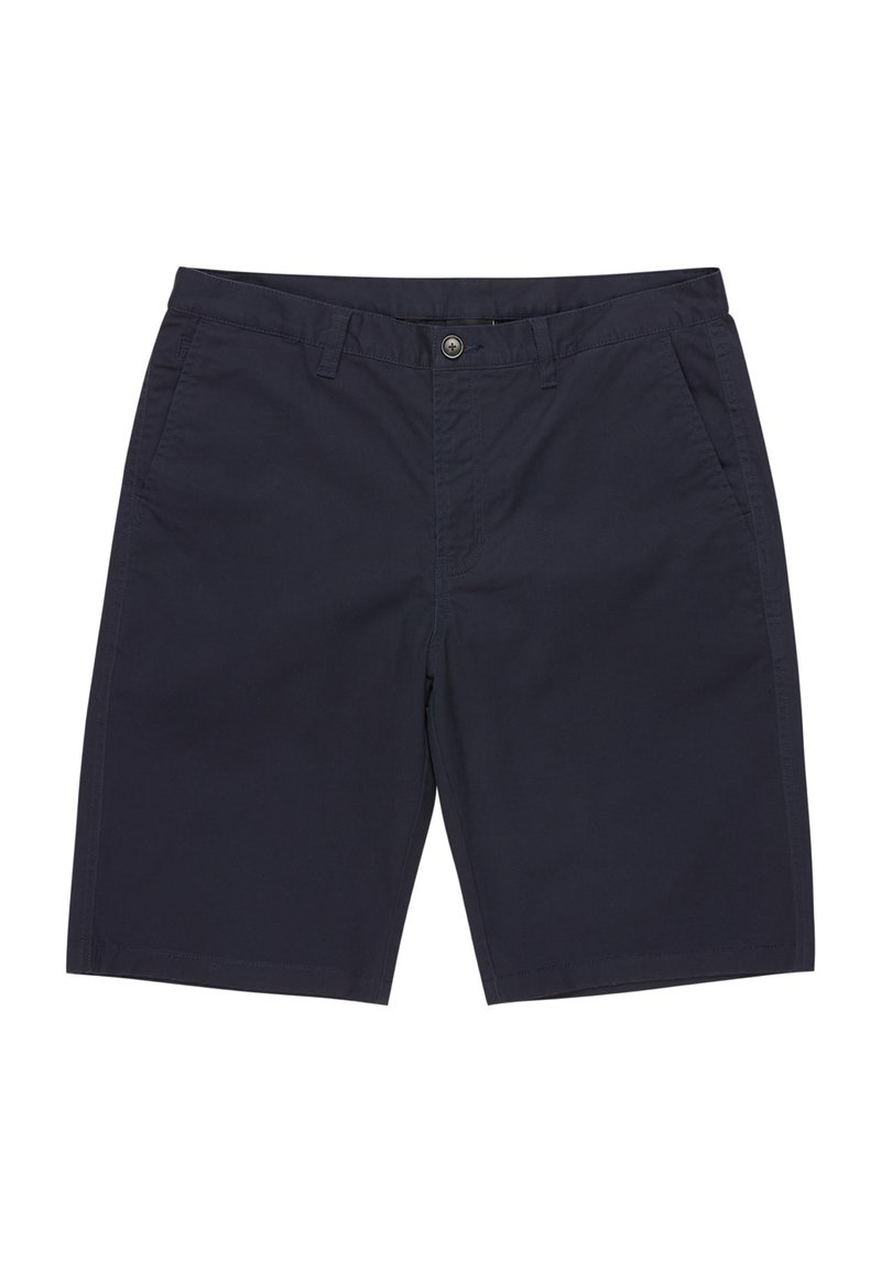 Marineblaue Shorts aus Baumwolle, mit glatter Textur, zwei Fronttaschen und einem einzelnen Knopfverschluss am Bund.