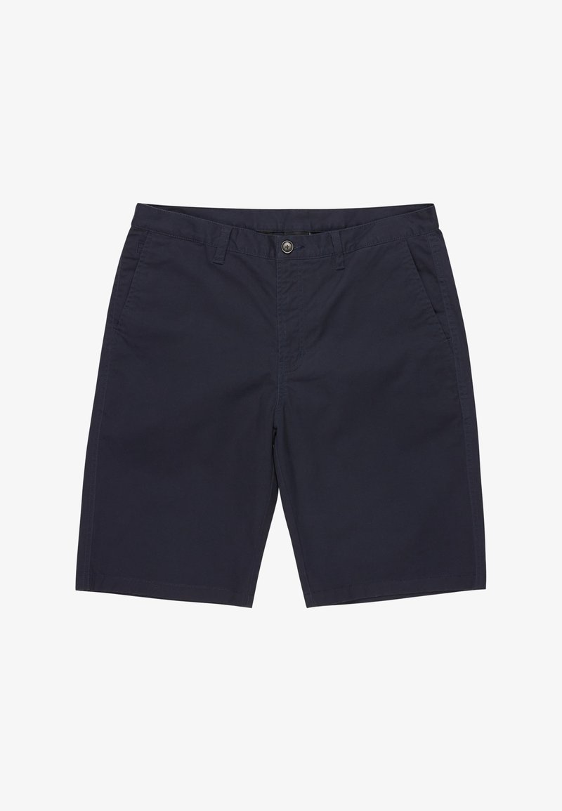 Granatowe szorty wykonane z bawełny, o gładkiej strukturze, z dwiema przednimi kieszeniami i pojedynczym zapięciem na guzik w pasie.