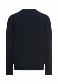 Granatowy sweter dziany z okrągłym dekoltem, rękawami typu raglan oraz prążkowanymi mankietami i obszyciem na dole. Gładka faktura, jednolity kolor i jednolita tkanina.