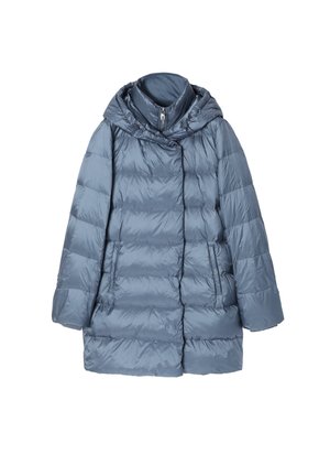 Padded jacket in light blue with a high collar and a drawstring hood. Features two side pockets and a zip closure. Smooth, shiny texture.