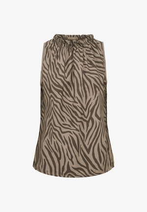 Brun ærmeløs top med mørkebrune zebrastriber og rund, rynket halsudskæring, lavet af let stof.