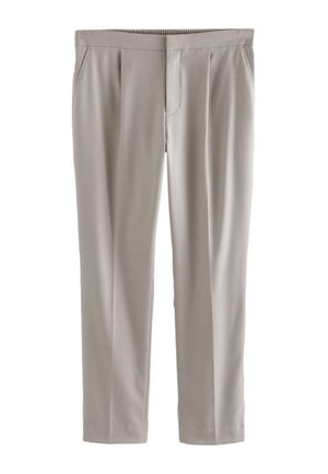Light gray trousers made of smooth fabric with a straight leg design, featuring front pleats and side pockets. Elastic waistband included.