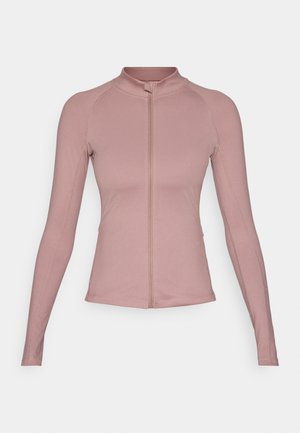 Šviesiai rožinė ilgarankovė sportinė striukė su aukštu apykakle ir priekinio užtrauktuko uždarymu, pasižyminti lygiais siūliais ir apta blu dizainu. Minkšta, elastinga medžiaga.