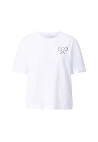 Witte katoenen T-shirt met een relaxte pasvorm en korte mouwen. Heeft een geprinte afbeelding van gekruiste tennisrackets op de linkerkant van de borst.
