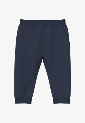 Marineblauwe mid-lange joggingbroek met elastische tailleband, zijzakken en geribbelde boorden.