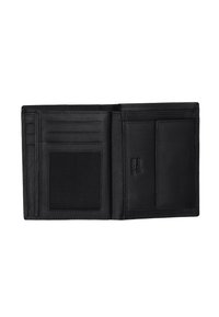 Sort læderpung med flere kortlommer, et gennemsigtigt ID-vindue og en tekstureret yderside. Har en RFID-beskyttelseslabel indvendigt.