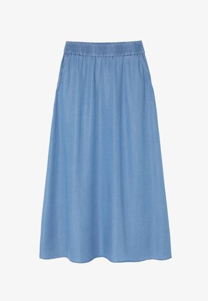 Svetlomodrá džínsová sukňa po kolená, s elastickým pásom a bočnými vreckami. Hladká textúra, voľný strih a bez viditeľných vzorov.