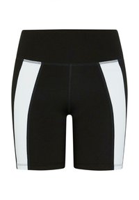 Črne športne hlače s belimi stranskimi paneli. Narejene so iz raztegljivega materiala, imajo visok pas in vidne šive.