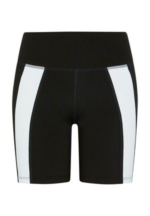 Musta urheilushortsit valkoisilla sivupaneeleilla. Valmistettu joustavasta kankaasta, jossa on korkea vyötärö ja näkyvät ommellut saumat.