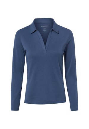 Camicia blu navy a maniche lunghe con colletto e scollo a V, vestibilità regolare, taglia piccola, etichettata "brookshire" all'interno del colletto.