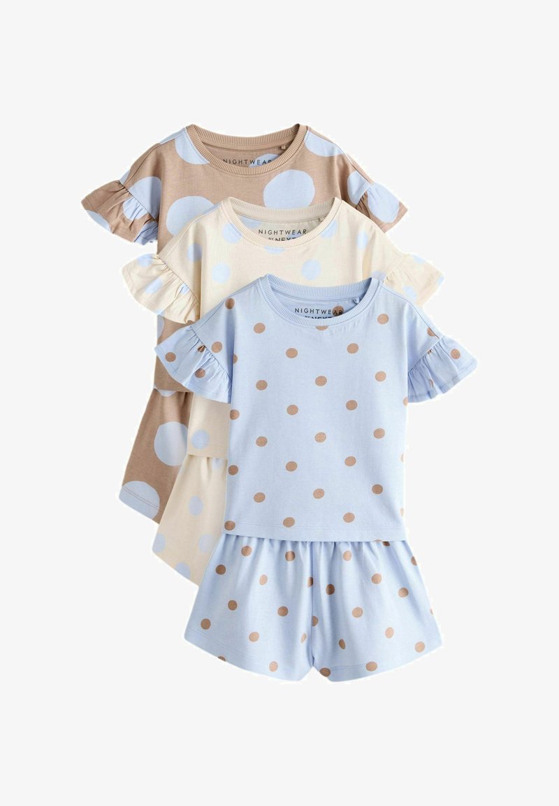 Trois ensembles de vêtements de nuit pour enfants à manches courtes avec des manches volantées, avec de gros et petits pois en beige, crème et bleu clair.
