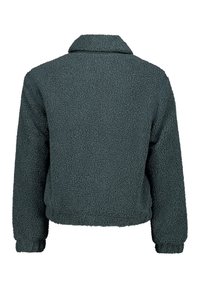 Faux fur, dark green jacket with a collar, ribbed cuffs, and textured fleece fabric. Cropped design with a relaxed fit.