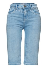 Light blue denim knee-length shorts with front button closure, belt loops, and front pockets, shown on a white background.