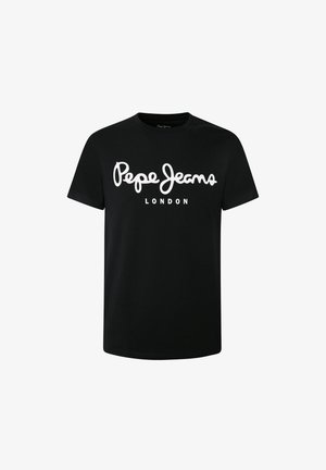 Melnas kokvilnas T-krekls ar īsām piedurknēm, uz kura krūšu daļas ir izteiksmīgs balts "Pepe Jeans LONDON" logo ikdienišķā rakstībā.